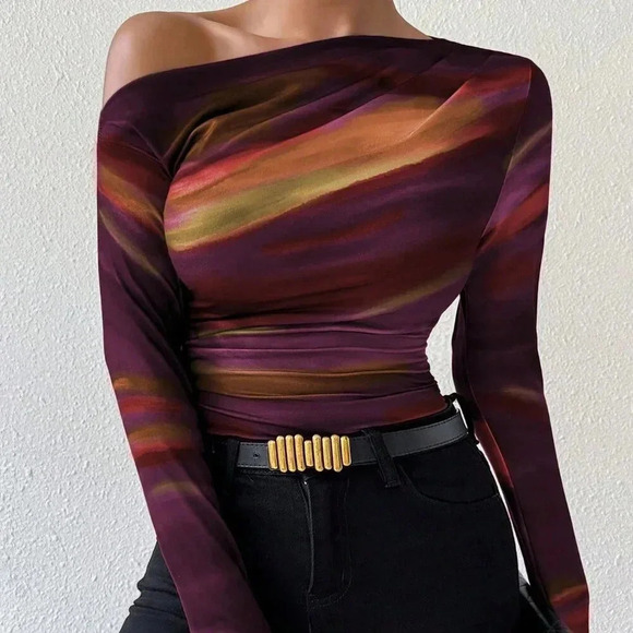 Casual Women's Marble Ombre Print Asymmetric Neck Fitted top - Picture 2 of 6